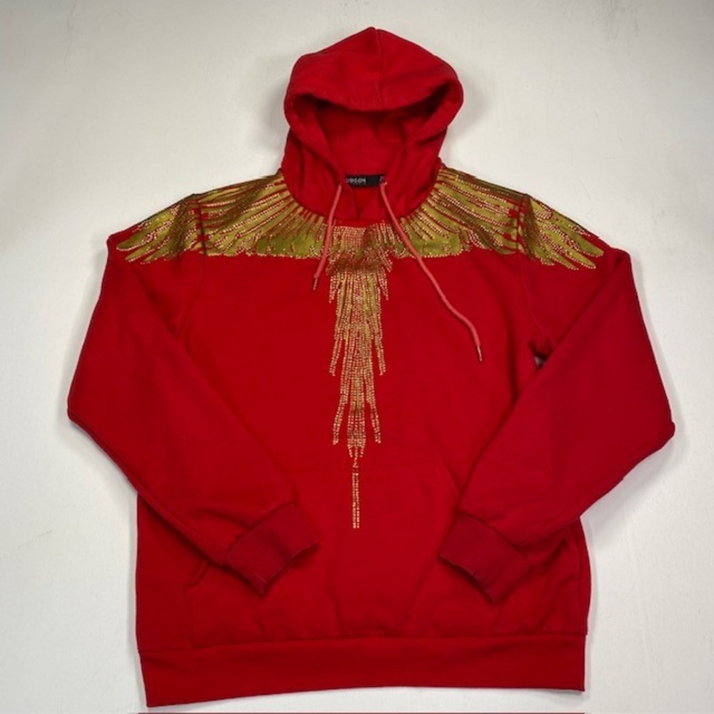Hudson Outerwear Mens Red Gold Foil Rhinestone Wing Graphic Hoodie Large L